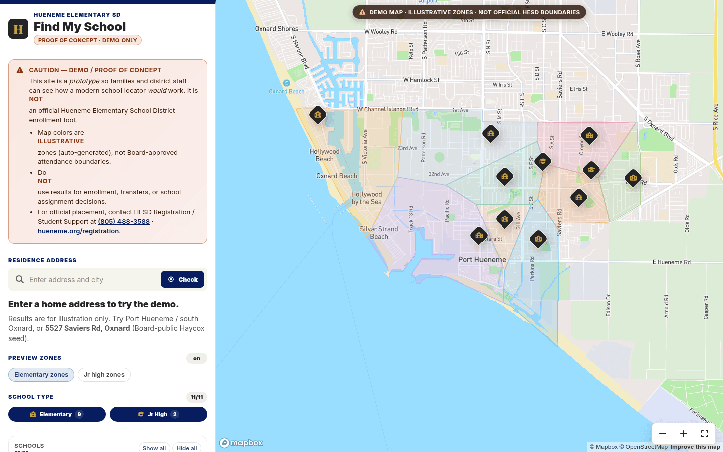Hueneme Elementary Find My School demo map with school pins