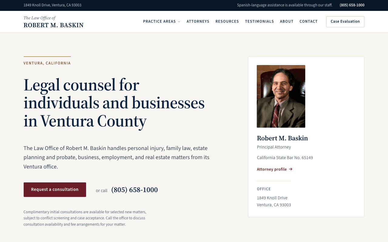 Law Office of Robert M. Baskin homepage: a legal-counsel headline for individuals and businesses beside a portrait of Robert M. Baskin