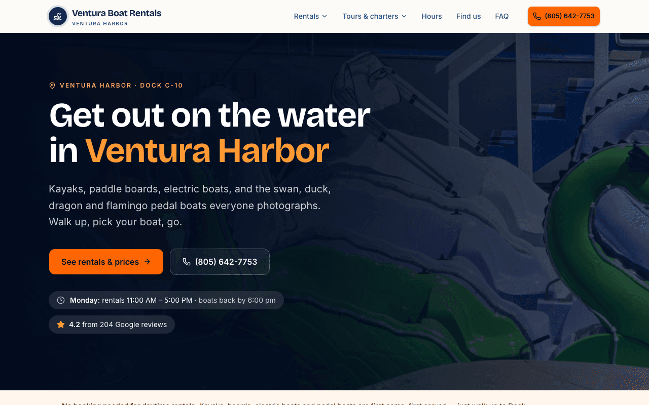 Ventura Boat Rentals homepage: a get-out-on-the-water headline over a photo of swan and dragon pedal boats at the dock