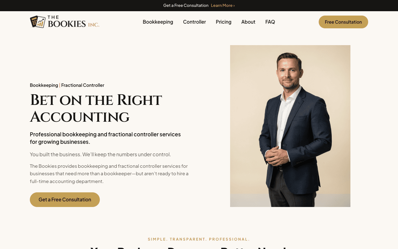 The Bookies Inc. homepage: “Bet on the Right Accounting” headline beside a portrait of an advisor in a navy blazer