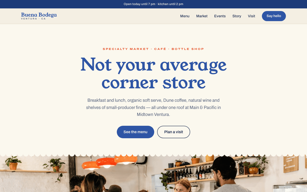 Buena Bodega homepage: “Not your average corner store” in blue serif on a cream page above a photo of the café counter