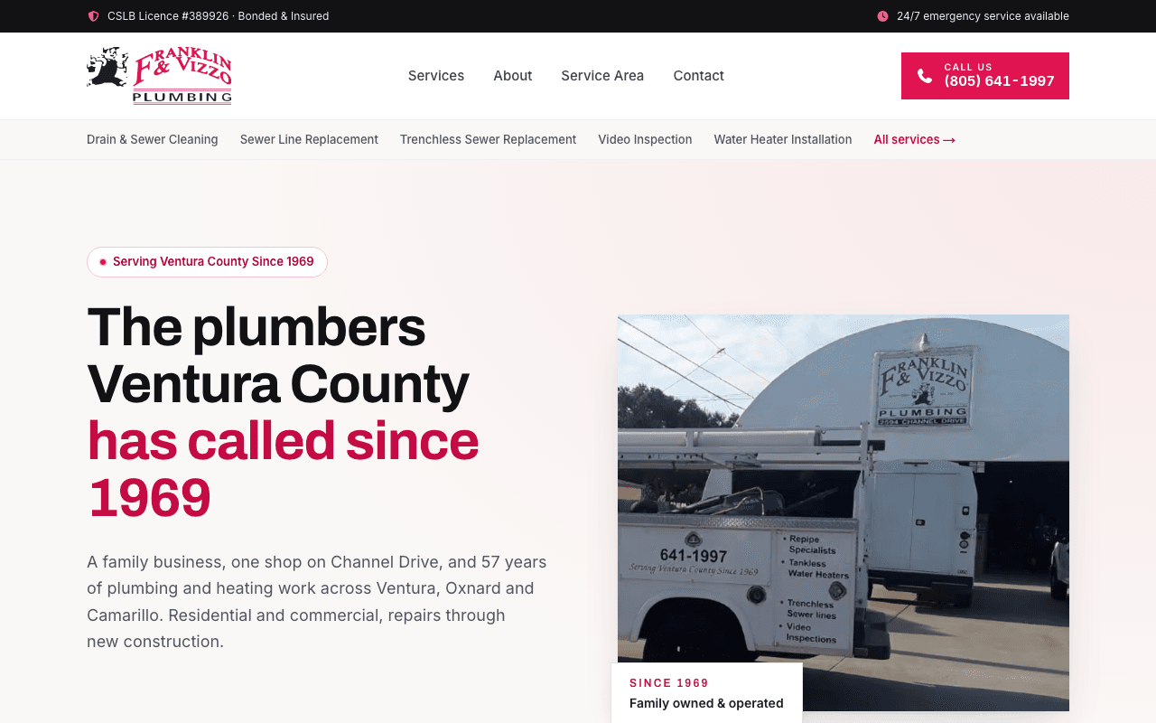 Franklin & Vizzo Plumbing homepage: a plumbers-since-1969 headline over a photo of the crew and truck