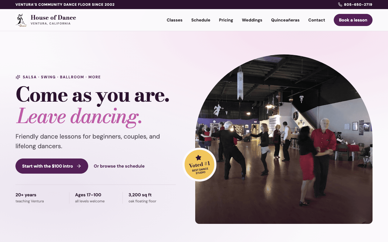 House of Dance homepage: “Come as you are. Leave dancing.” headline beside a photo of couples on the dance floor