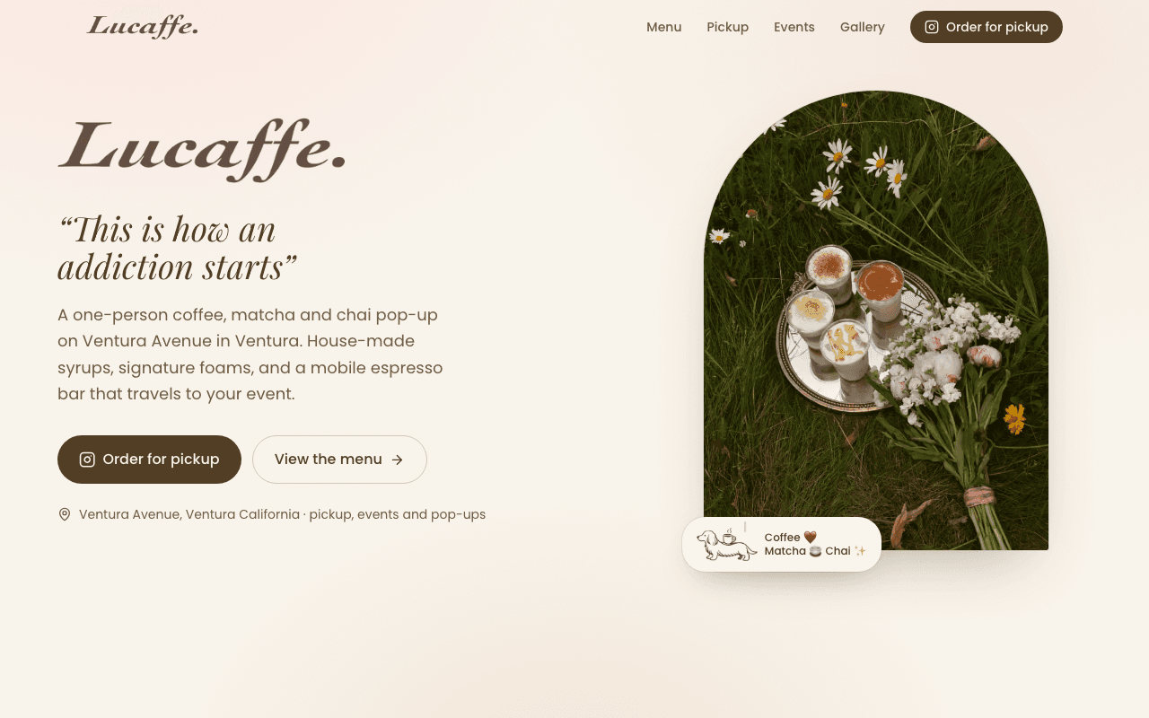 Lucaffe homepage: “This is how an addiction starts” over a photo of an iced coffee with a signature foam top