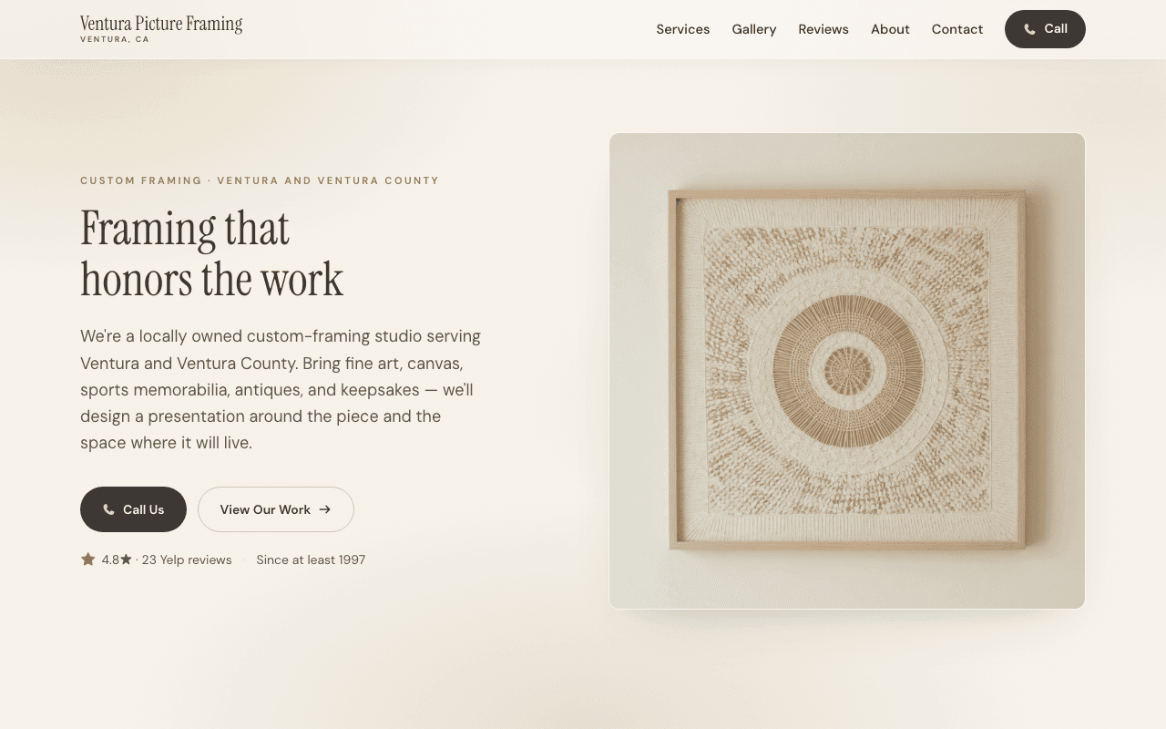 Ventura Picture Framing homepage: “Framing that honors the work” in serif on a warm cream page beside a framed woven textile