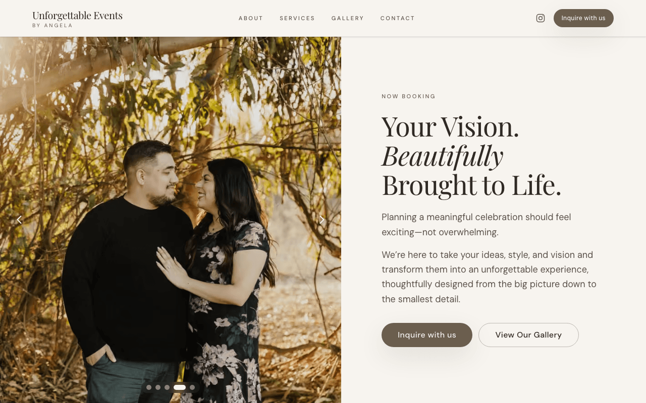 Unforgettable Events by Angela homepage: “Your Vision. Beautifully Brought to Life.” headline beside an engagement photo of a couple