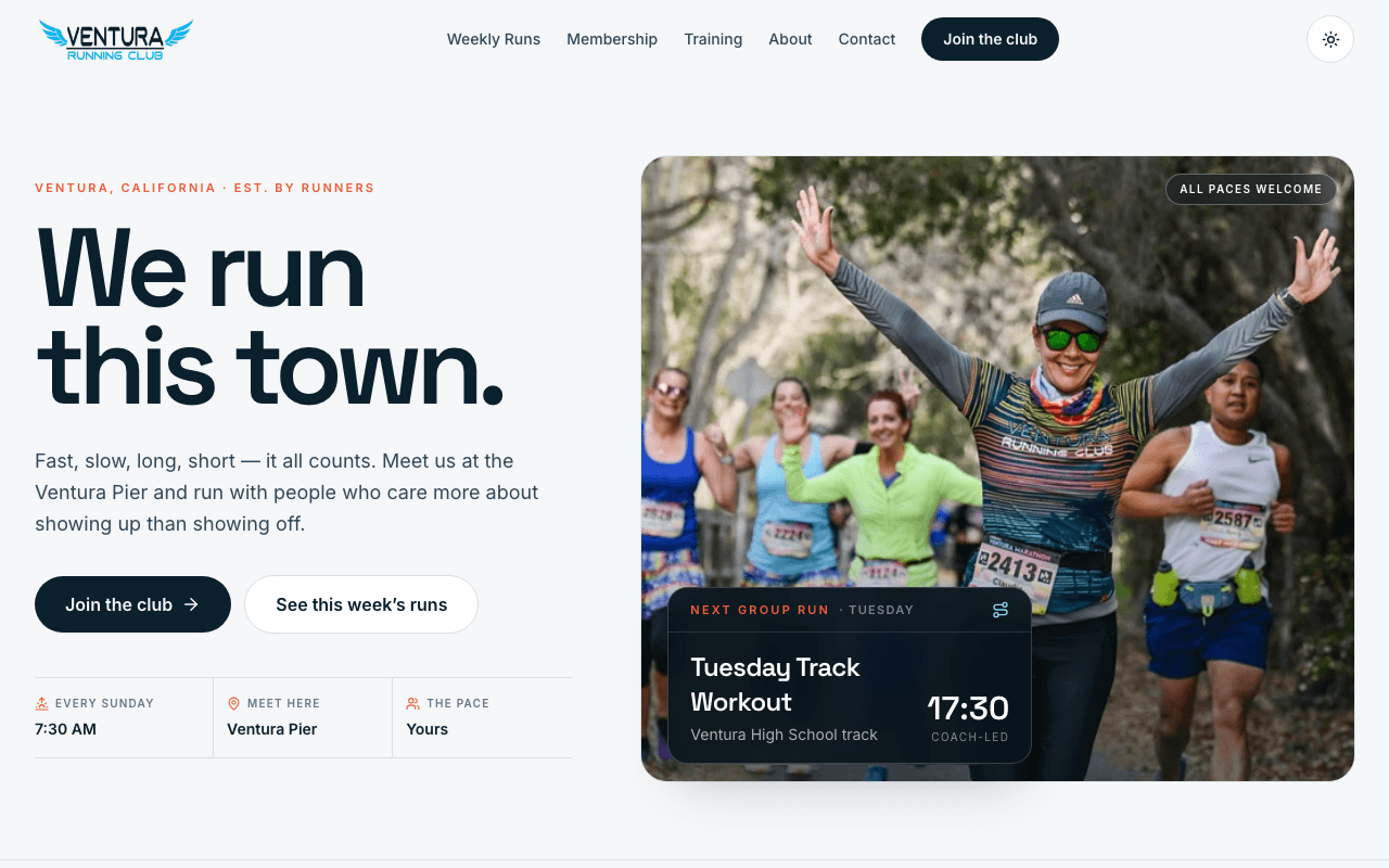 Ventura Running Club homepage: bold “We run this town.” headline beside a photo of runners at a group run