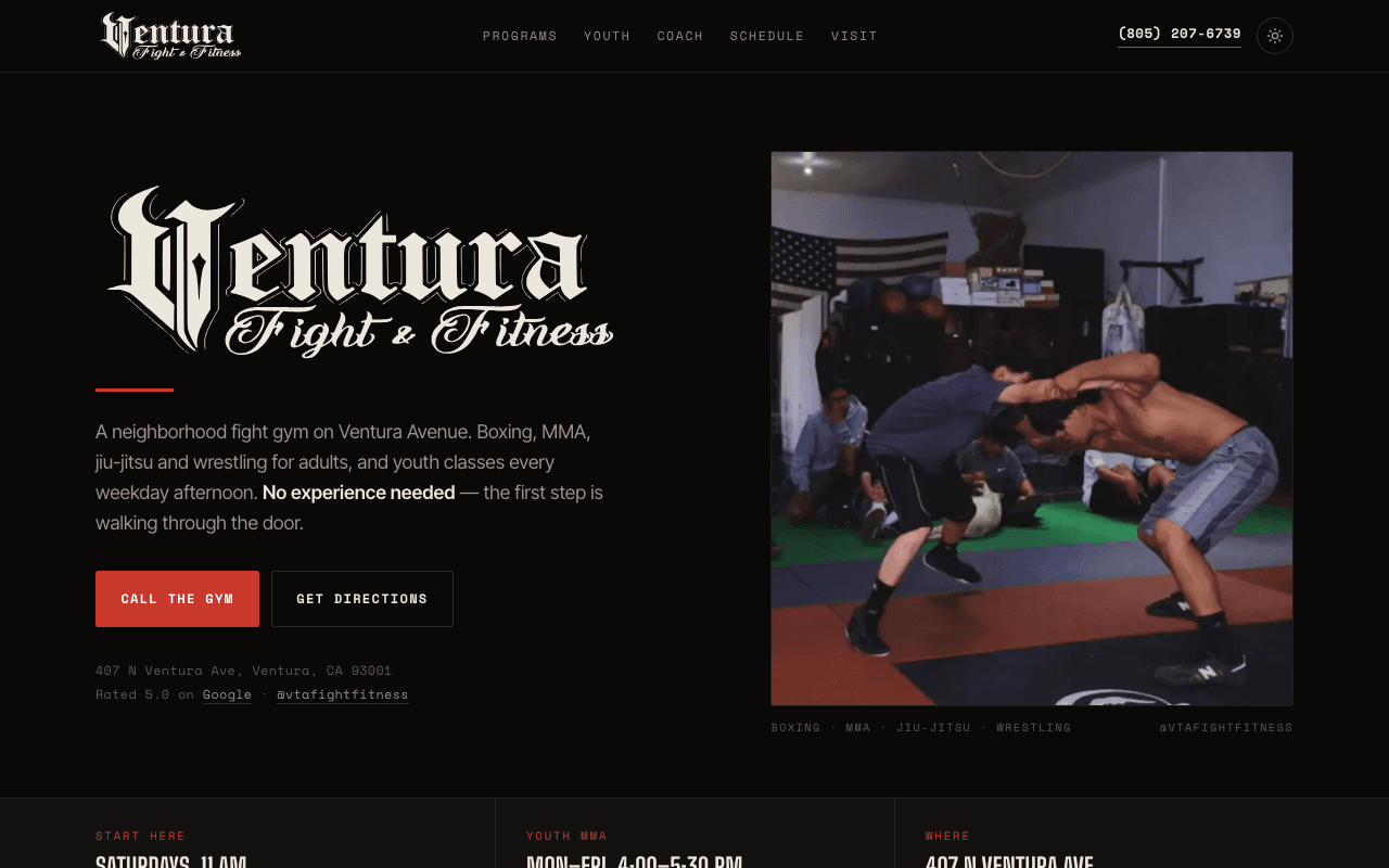 Ventura Fight & Fitness homepage: blackletter logo over a dark theme with gym schedule and photos