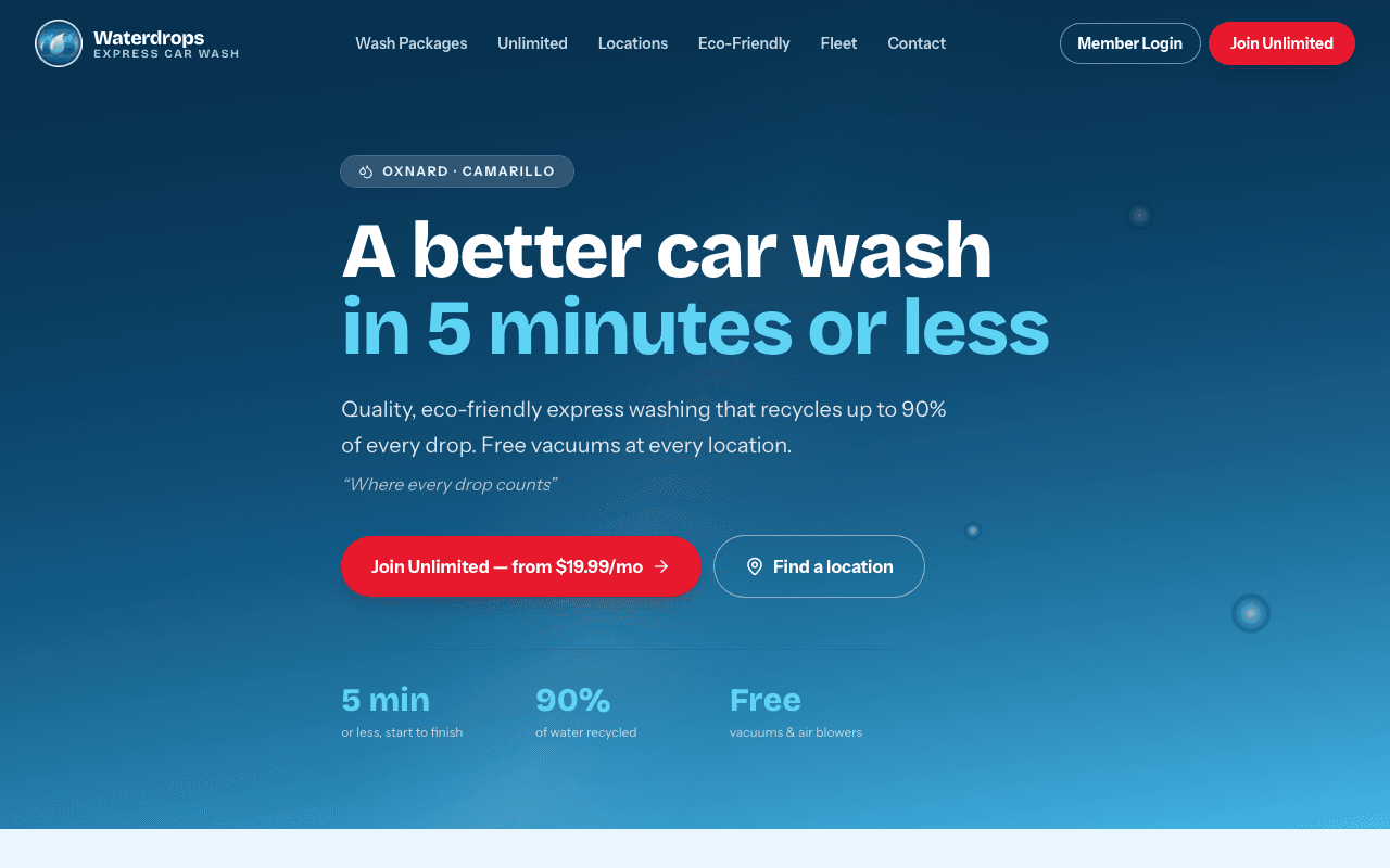 Waterdrops Express Car Wash homepage: deep blue hero with the headline “A better car wash in 5 minutes or less”